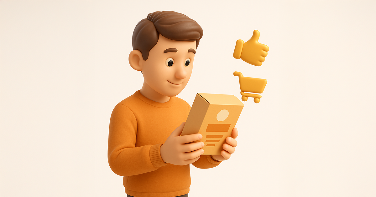 A 3D illustration of a young man analyzing product packaging on a shelf, reflecting the impact of packaging design on consumer purchasing decisions.