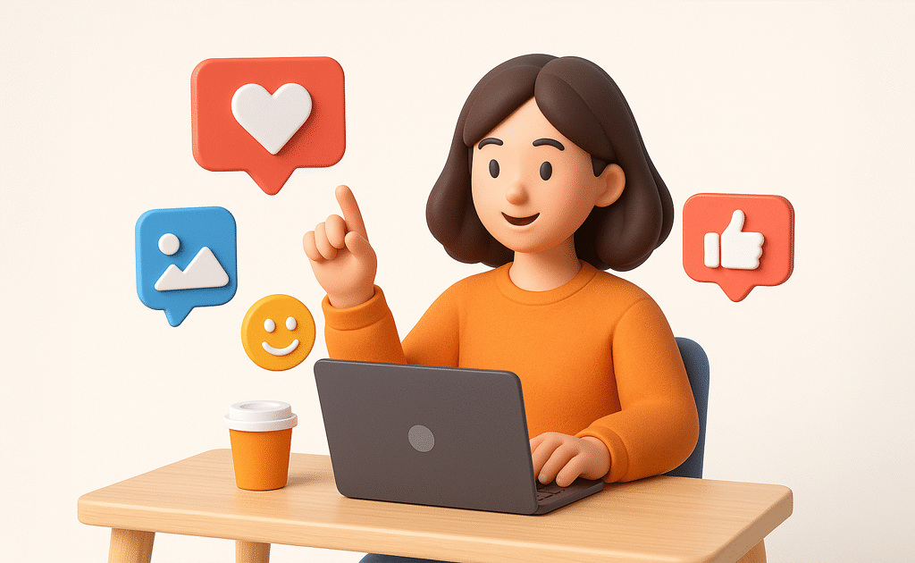 A creative blog cover showing a designer creating social media graphics to boost small business engagement and sales.